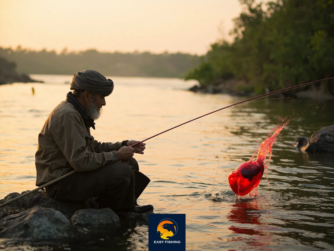 ماهیگیری آرام صبح در رودخانه ایران با طعمه آغشته به مایع جذب