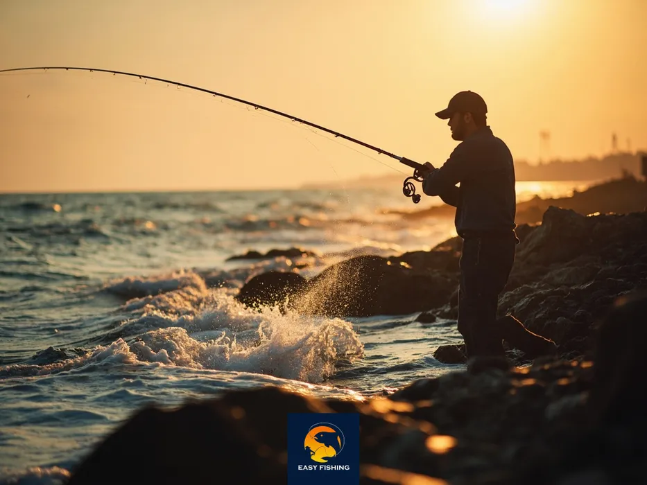 ماهیگیر حرفه‌ای در حال پرتاب قلاب با چوب ماهیگیری دریا در غروب خلیج فارس