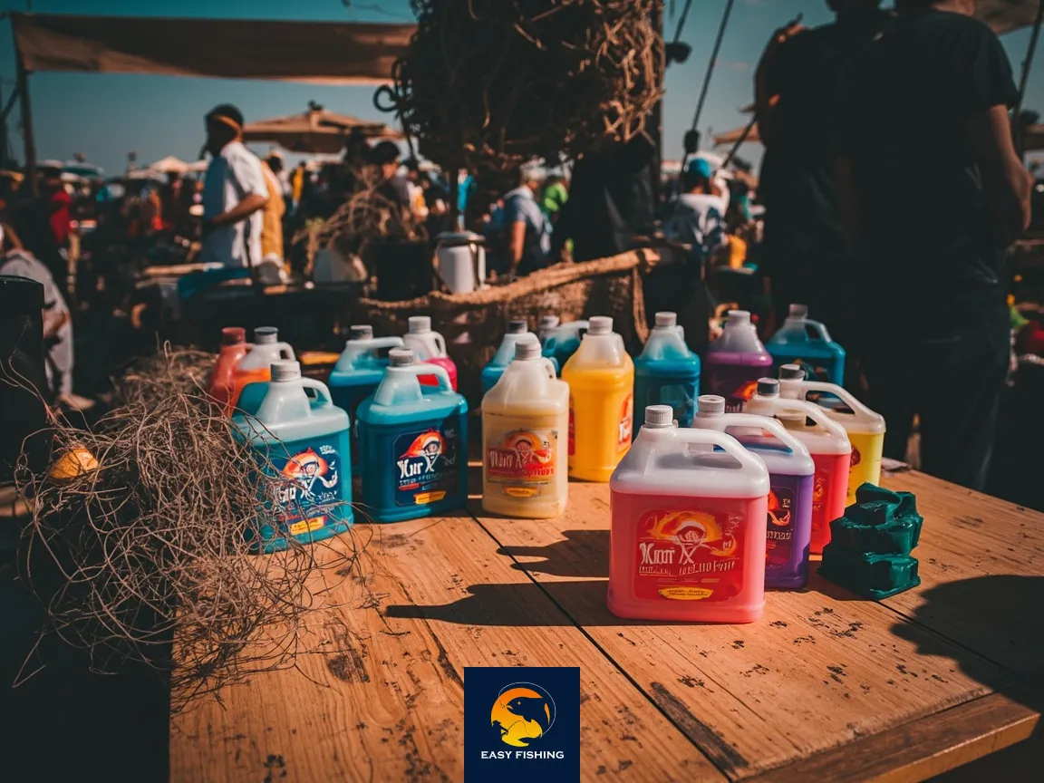 انواع مایع جذب کننده ماهی روی میز کنار وسایل ماهیگیری