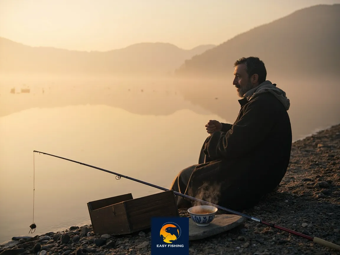 منظر ماهیگیری آرام با تجهیزات در طبیعت ایران