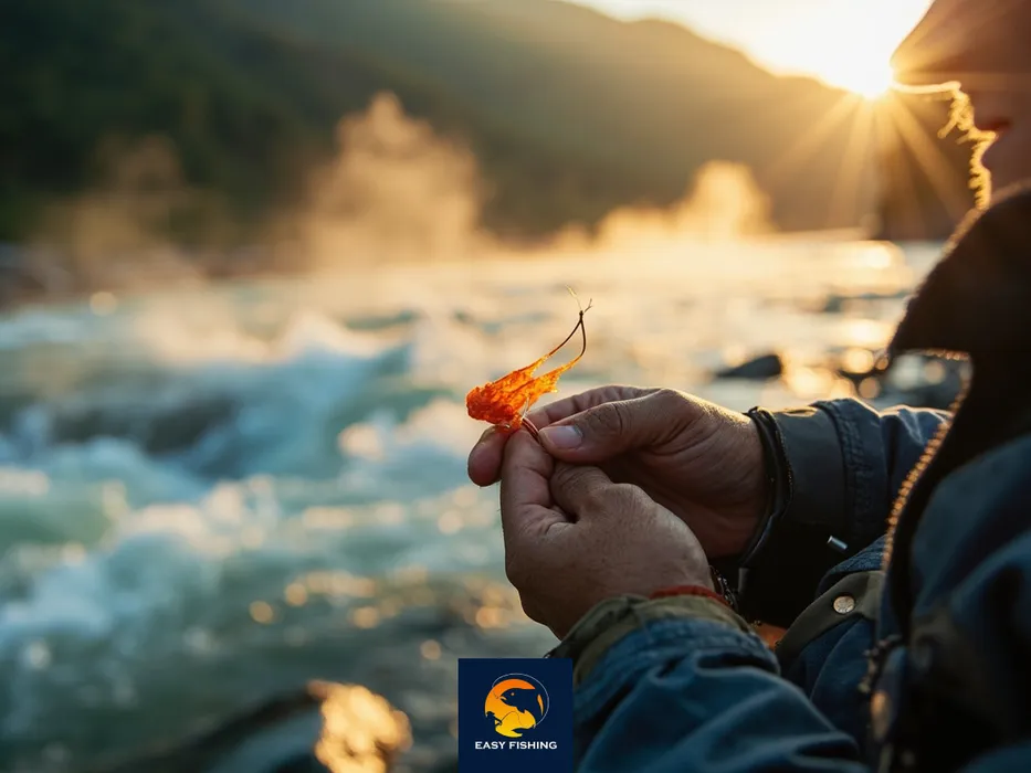 ماهیگیر در حال طعمه‌گذاری خمیر پاورفیش روی قلاب ماهیگیری