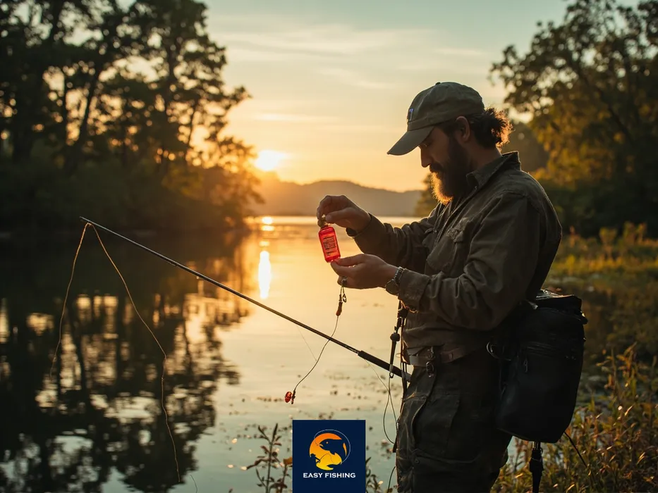 ماهیگیر در حال استفاده از مایع قرمز جذب کننده ماهی روی طعمه در کنار رودخانه