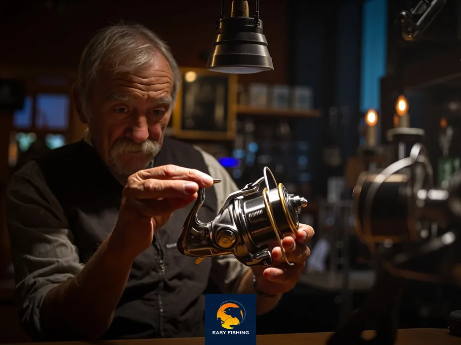 ماهیگیر در حال بررسی و تشخیص چرخ ماهیگیری اصلی در فروشگاه