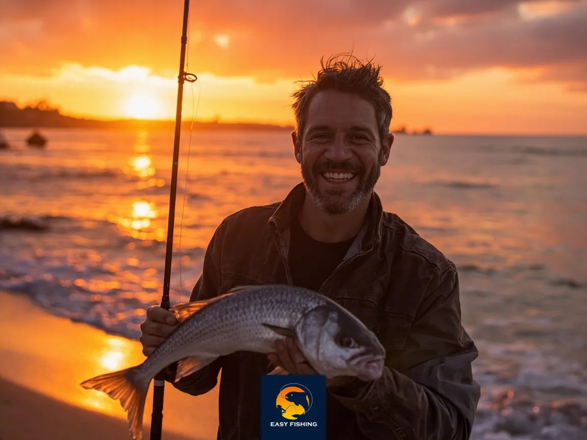 ماهیگیر با چوب ماهیگیری دریا و صید کنار ساحل در غروب