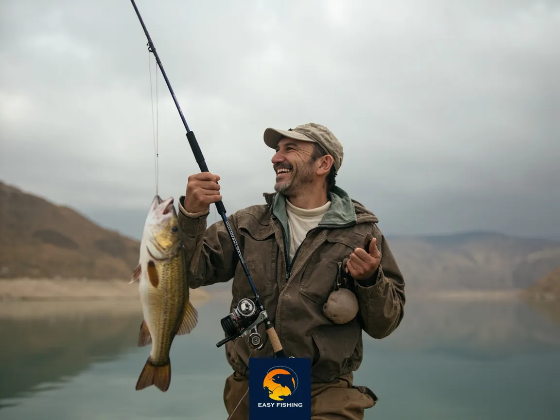 ماهیگیر موفق ایرانی با چرخ ماهیگیری حرفه‌ای در کنار سد