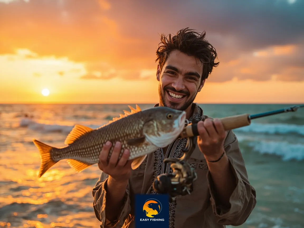 ماهیگیر موفق ایرانی با چوب حرفه‌ای در کنار دریا و ماهی بزرگ