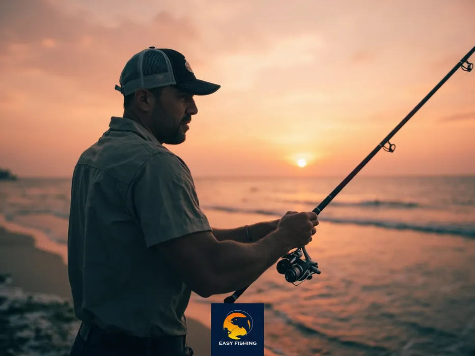 ماهیگیر حرفه‌ای در حال پرتاب چوب ماهیگیری دریایی با کیفیت در ساحل