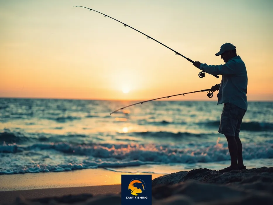 ماهیگیر حرفه‌ای در حال پرتاب چوب ماهیگیری اسپینینگ در ساحل دریا هنگام طلوع آفتاب با تجهیزات کامل