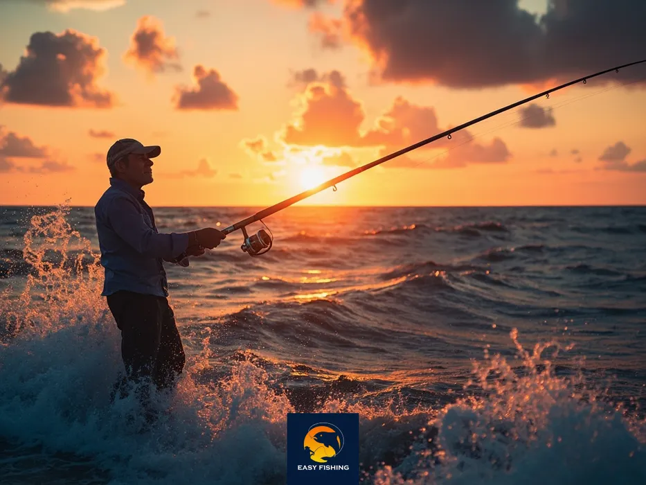 ماهیگیر حرفه ای در حال پرتاب چوب ماهیگیری در ساحل دریا هنگام غروب