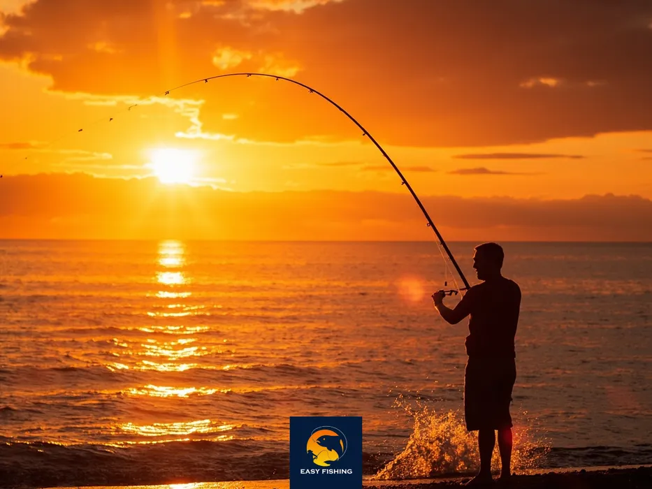 ماهیگیر در غروب آفتاب با چوب ماهیگیری دریا