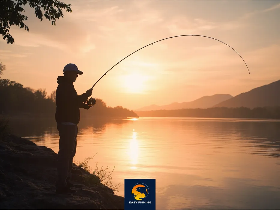 ماهیگیر با چوب اسپینینگ در رودخانه در طلوع آفتاب