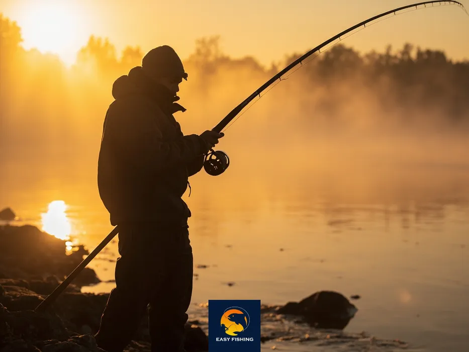 ماهیگیر در سپیده‌دم در حال آماده‌سازی چوب ماهیگیری برای صید در رودخانه