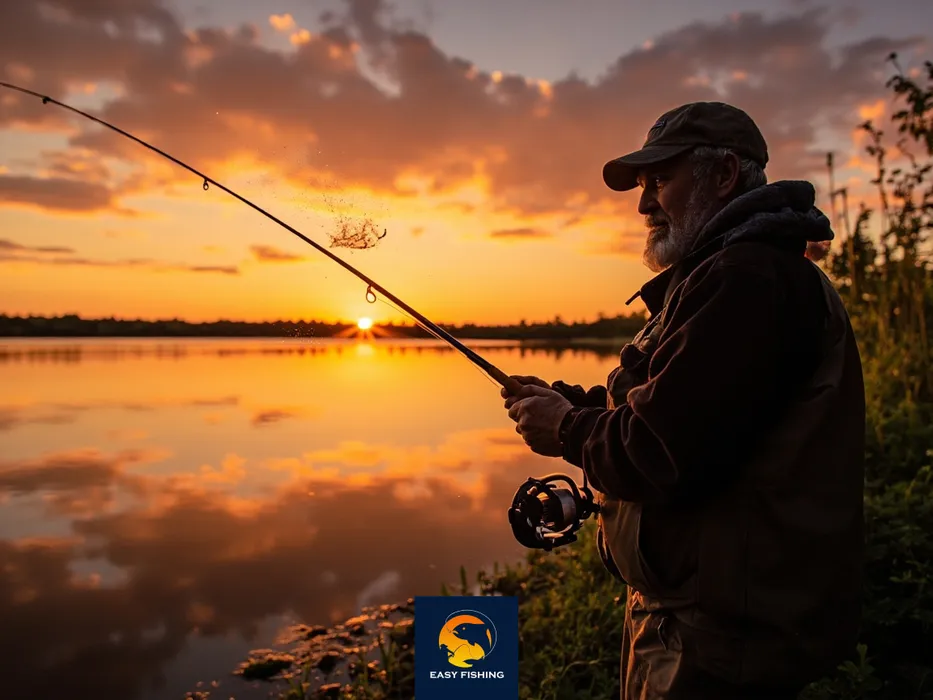 ماهیگیر حرفه‌ای در حال پرتاب طعمه زنده در غروب آفتاب برای صید موفق در دریاچه