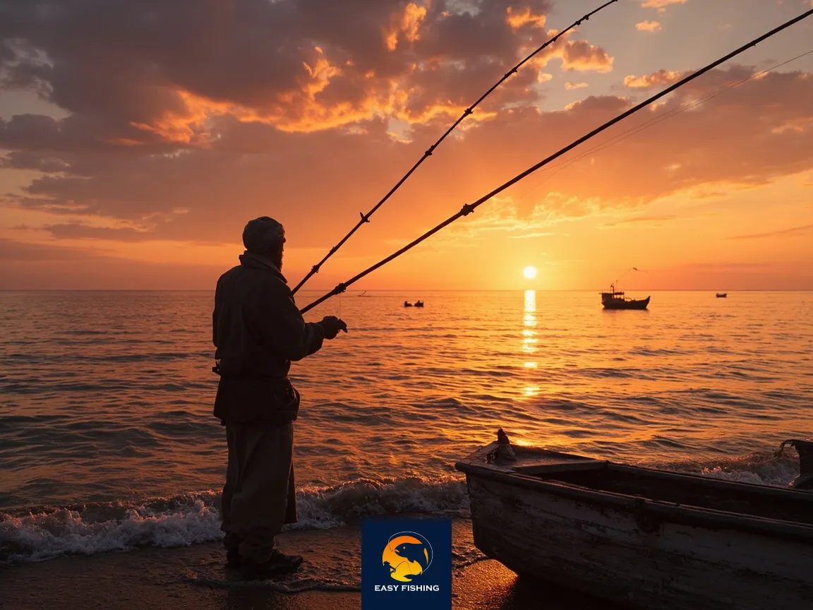 ماهیگیر در غروب دریای خزر کنار قایق‌های سنتی