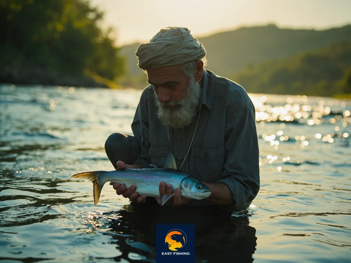 ماهیگیری در حال رهاسازی ماهی به آب با احتیاط (صید و رهاسازی)