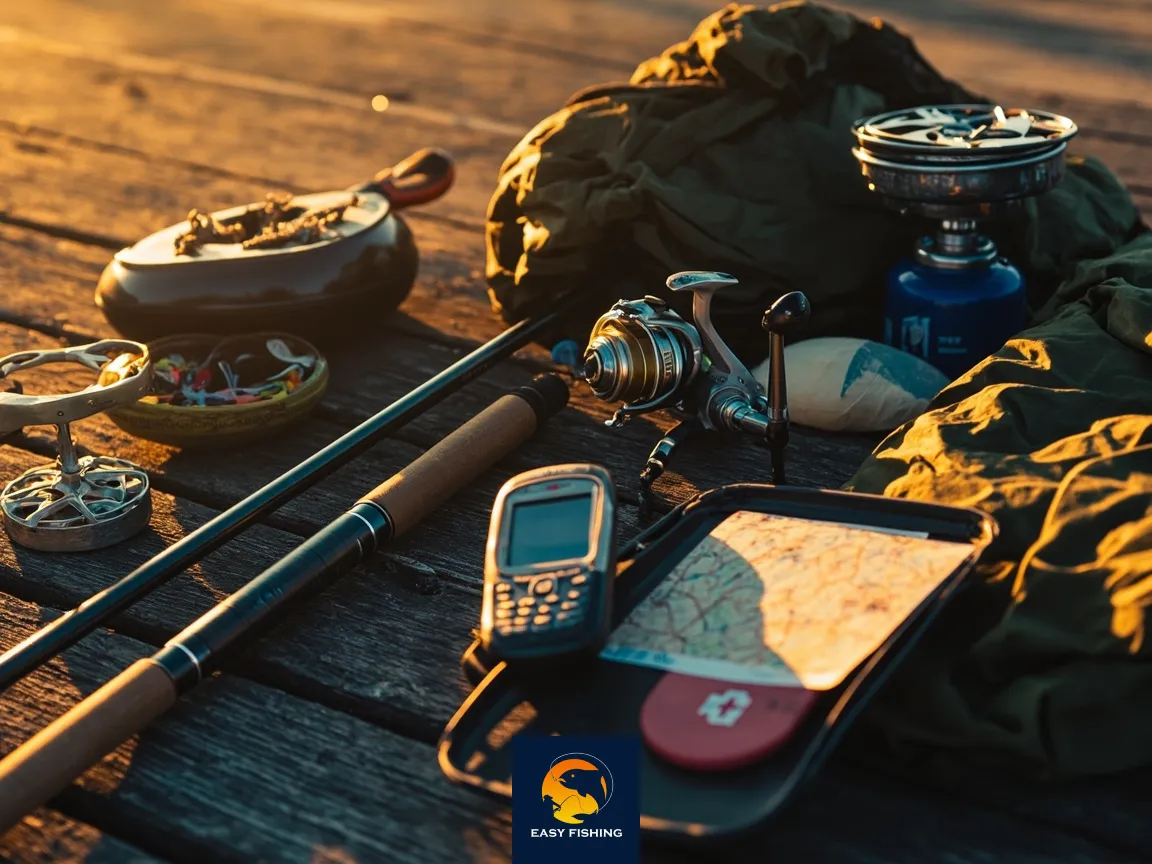 چیدمان لوازم ماهیگیری و کمپینگ؛ چوب، چادر ضدآب، جعبه ابزار و...