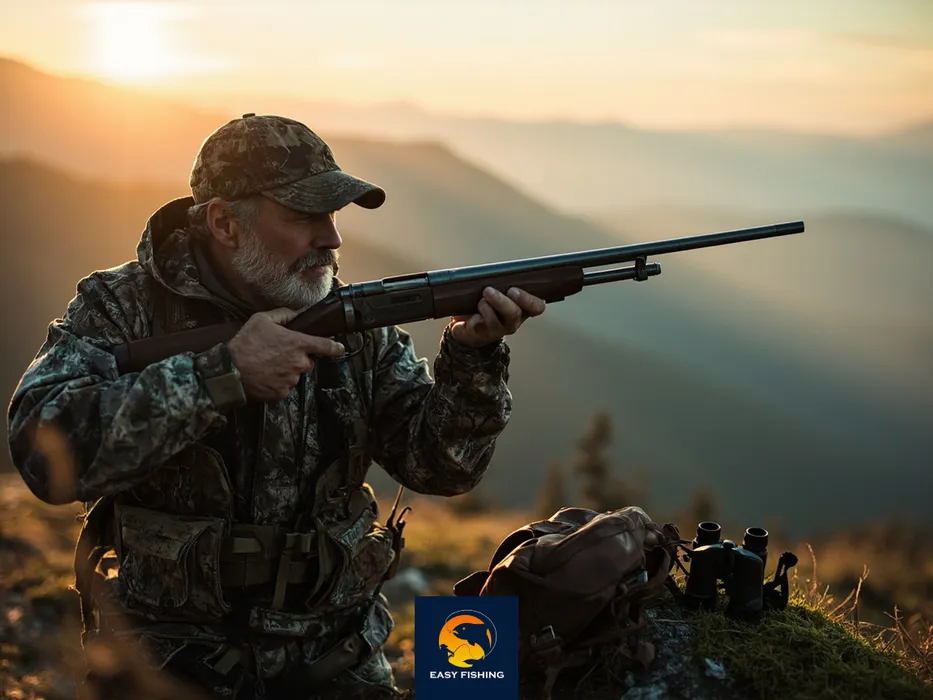 شکارچی با لباس استتار در کوهستان در حال آماده سازی تفنگ شکاری و بررسی لوازم