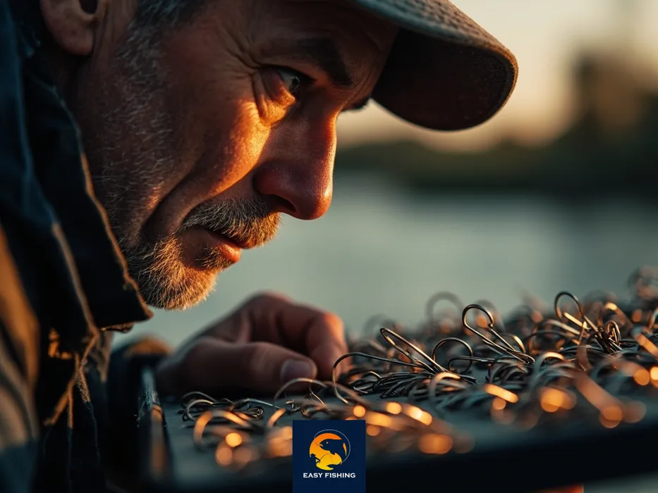 ماهیگیر در حال انتخاب و بررسی انواع قلاب‌های ماهیگیری