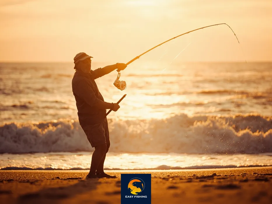 ماهیگیر در غروب آفتاب با چرخ اسپینینگ در ساحل دریا