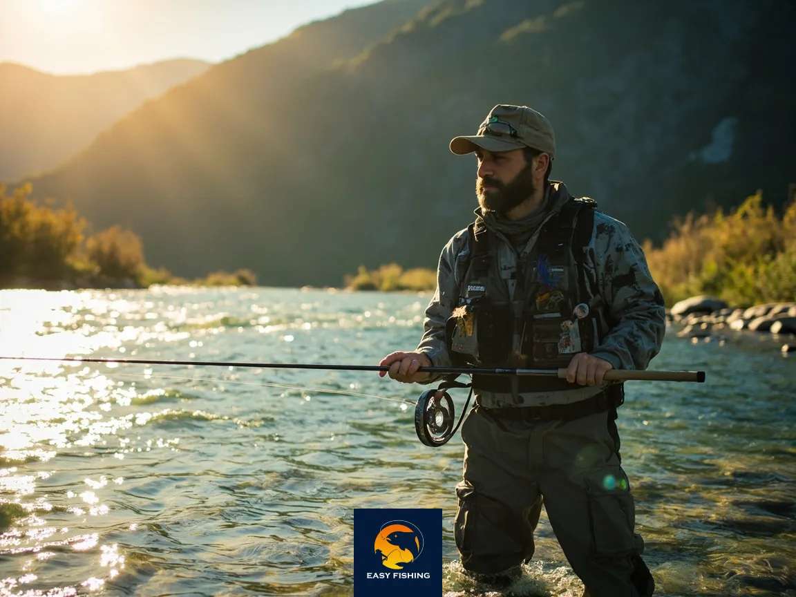 ماهیگیر فلای فیشینگ در رودخانه کوهستانی