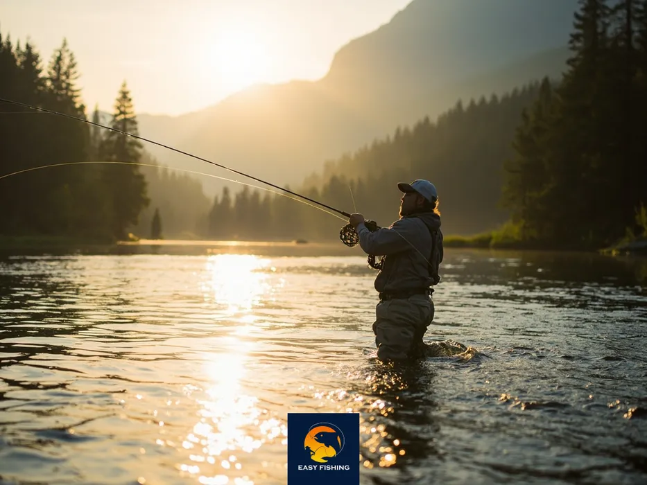 ماهیگیر حرفه‌ای فلای فیشینگ در رودخانه کوهستان