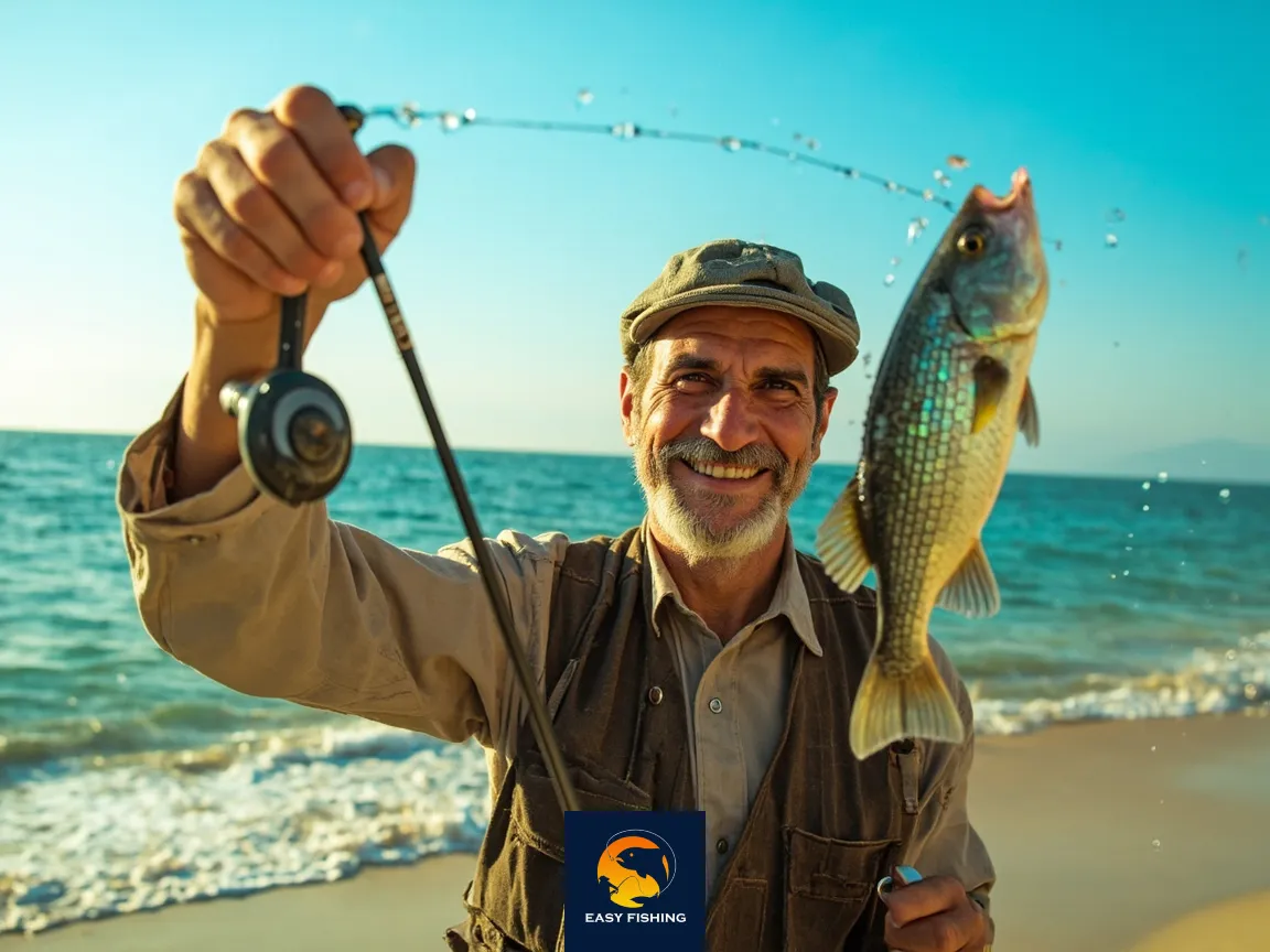 ماهیگیر خوشحال با چرخ ماهیگیری پس از صید موفق