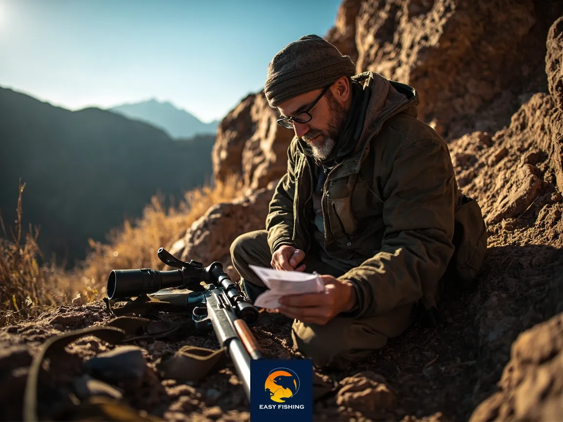 شکارچی در حال بررسی تجهیزات و مدارک قبل از شکار در کوهستانهای ایران