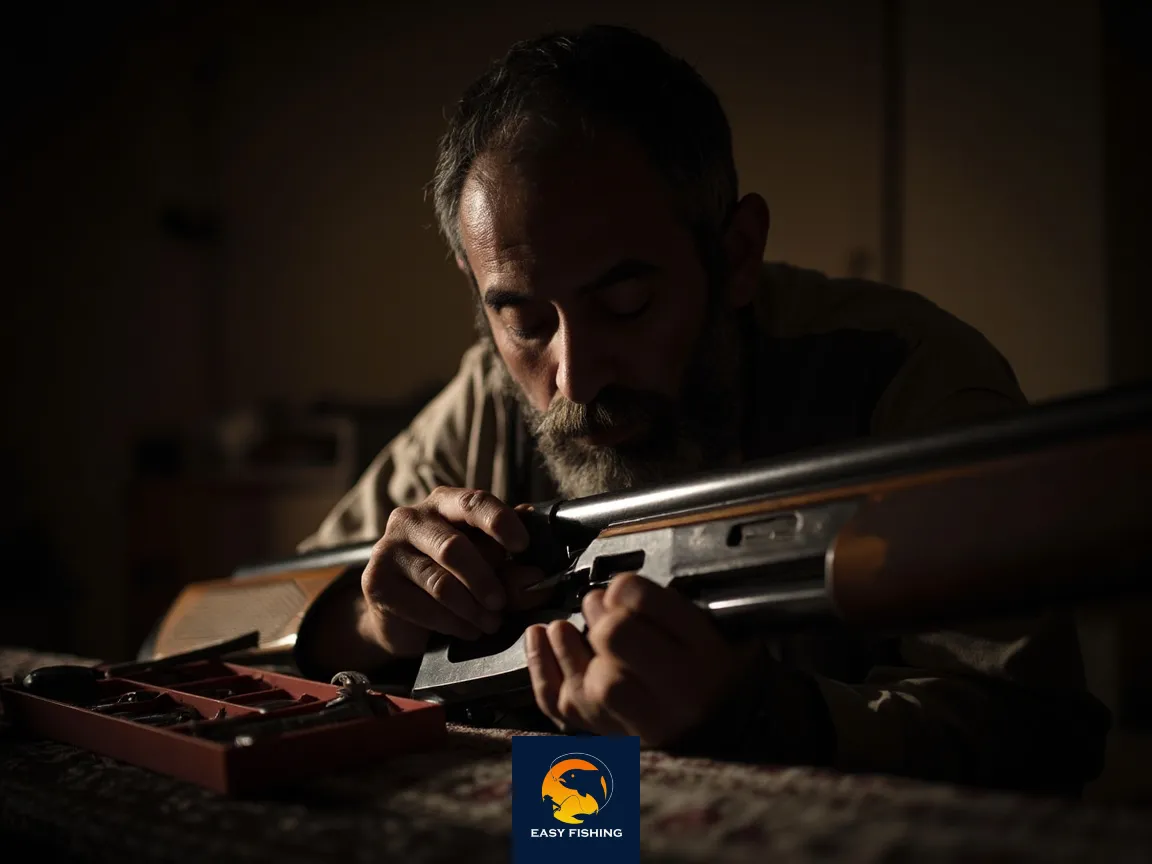 شکارچی ایرانی در حال سرویس تفنگ و رعایت نکات ایمنی پس از شکار