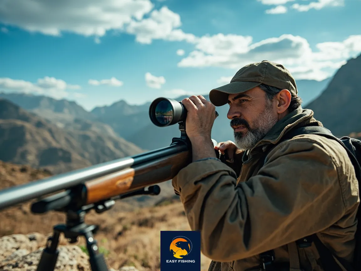 شکارچی ایرانی در حال استفاده از دوربین دوچشمی در کوهستان