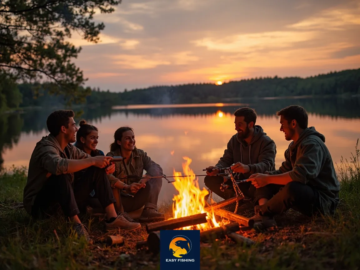 دوستان شاد کنار کمپ و چوب ماهیگیری کنار آب