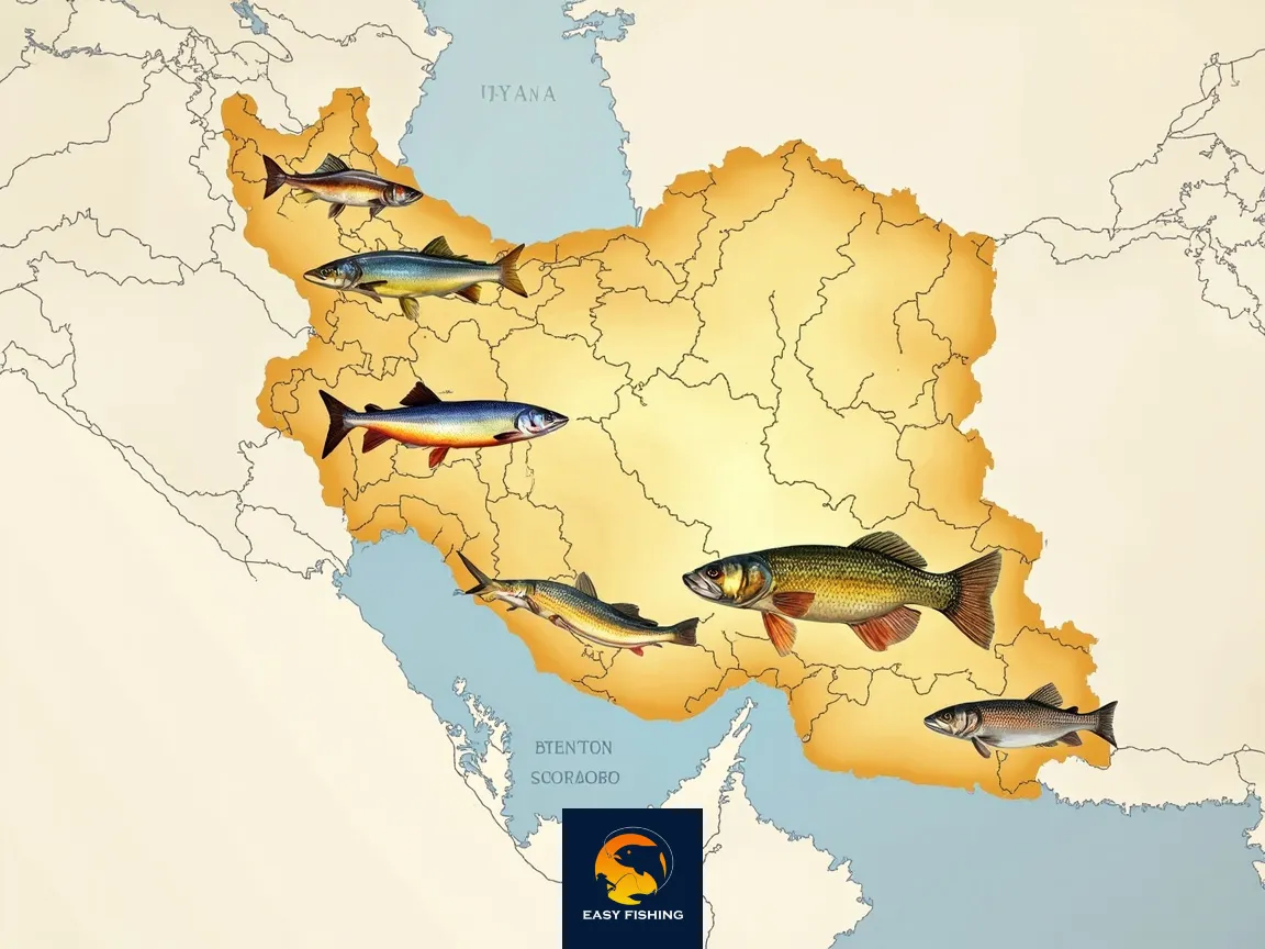 نقشه ایران با مشخصه‌های نقاط ماهیگیری اصلی و نماد گونه‌ها