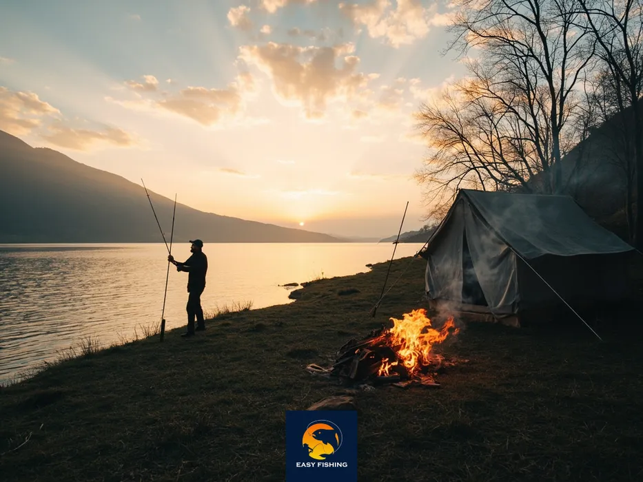 کمپینگ ماهیگیری در سد کوهستانی ایران با چوب ماهیگیری و چادر در سپیده‌دم