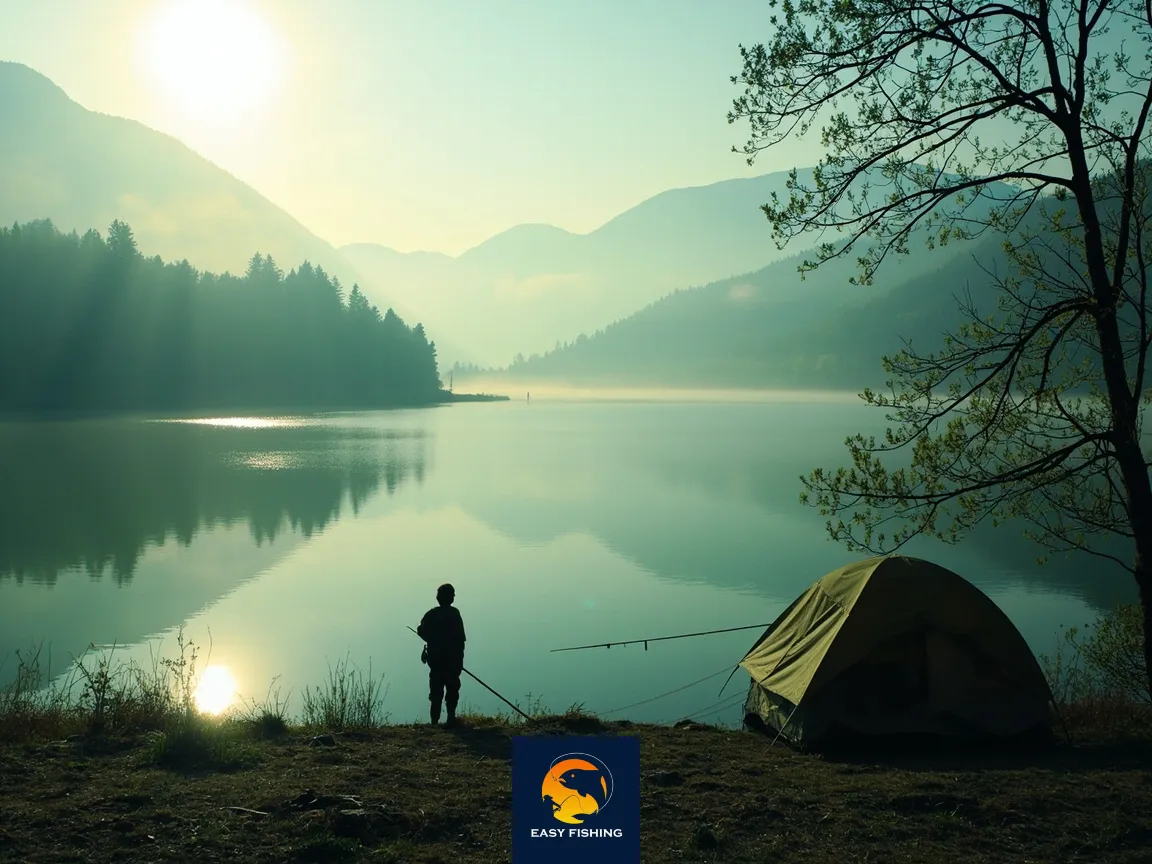 چشم‌انداز پانوراما از طبیعت بکر ایران با ماهیگیر و چادر کنار آب