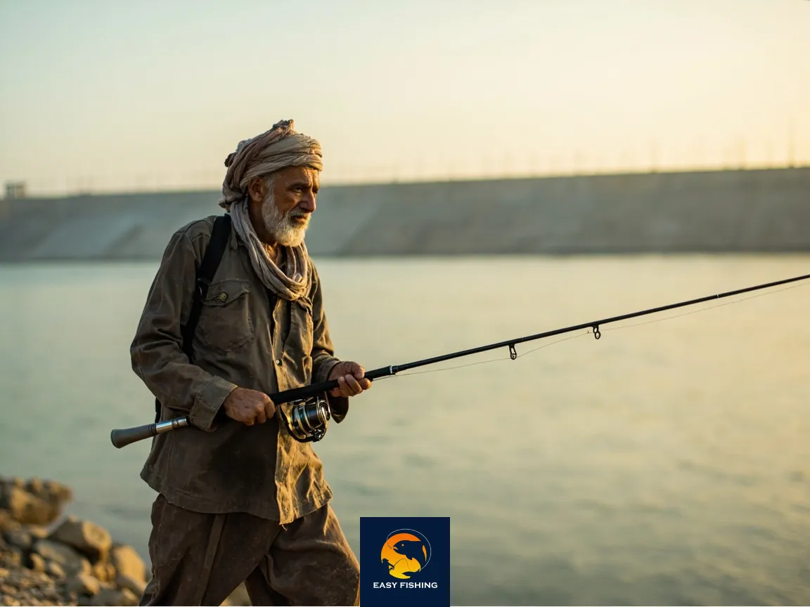 ماهیگیر ایرانی آماده صید قزل‌آلا یا کپور در سدهای ایران