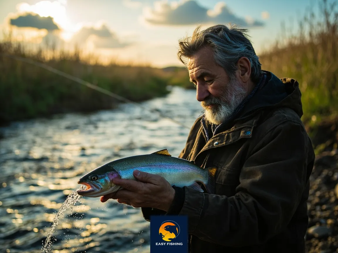 ماهیگیر مسئول طبیعت در حال رهاسازی ماهی