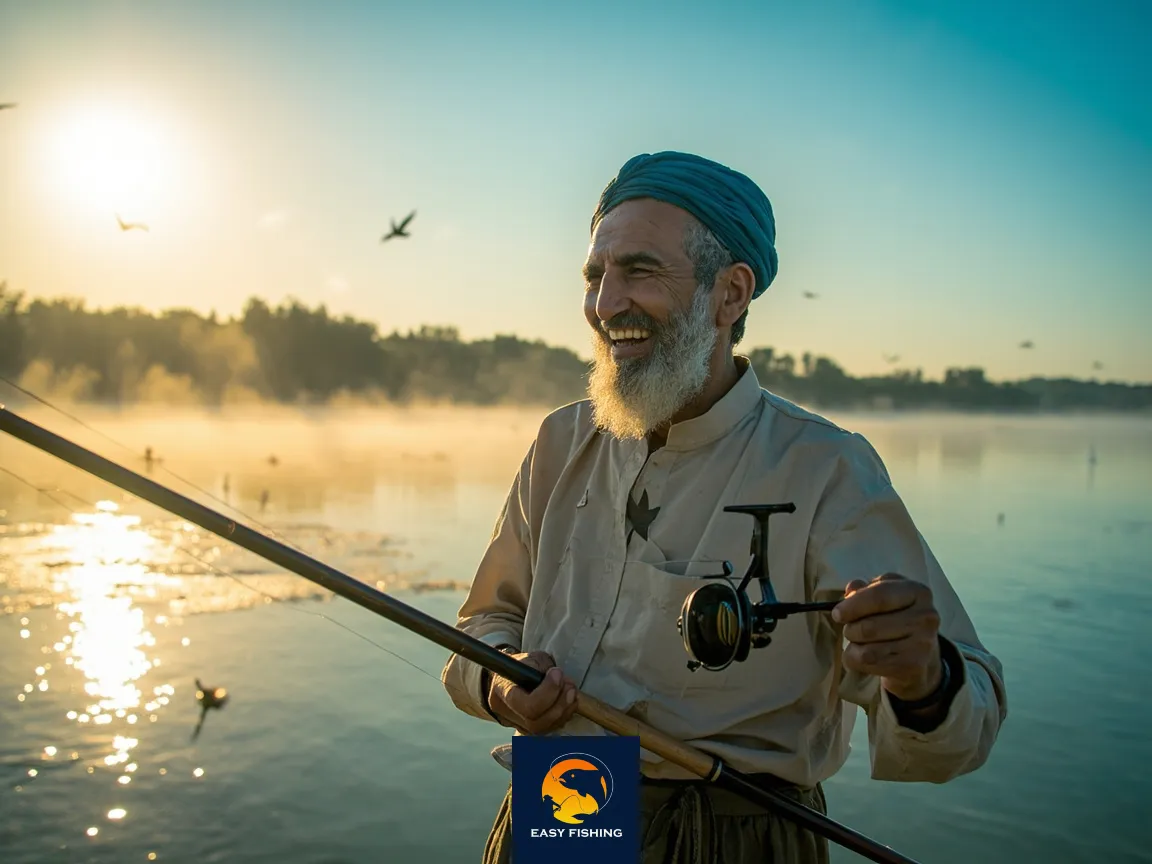 ماهیگیر موفق با لوازم ماهیگیری اصل بعد از یک صید خوب