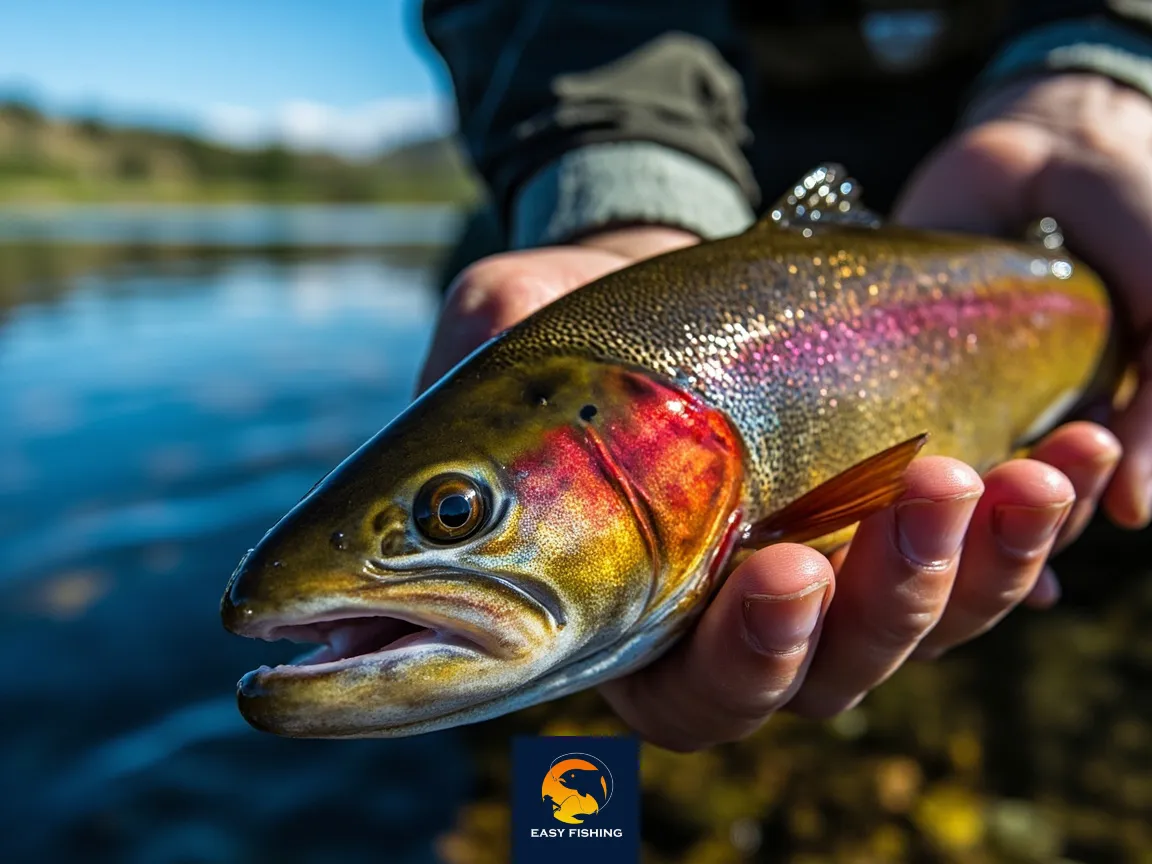 نمای نزدیک ماهی قزل‌آلا صیدشده کنار دریاچه طبیعی