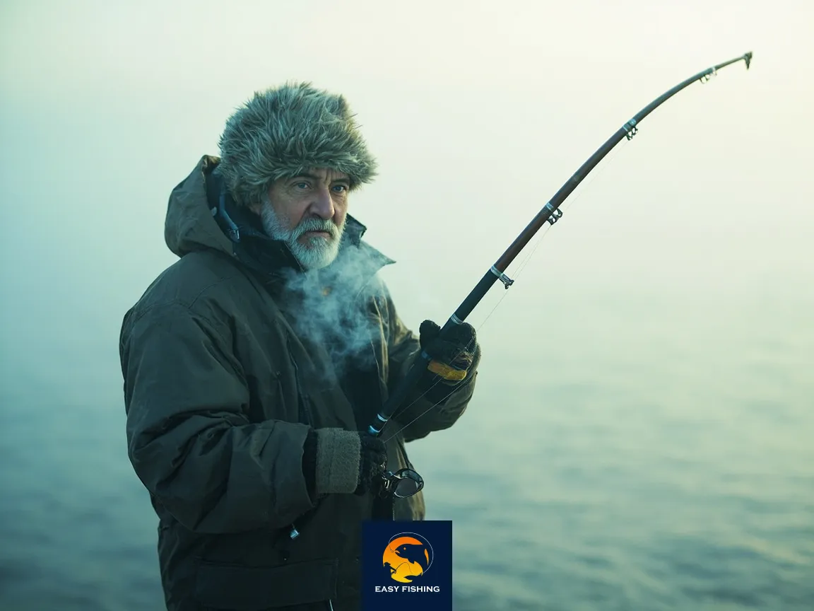 ماهیگیر کپورکار در زمستان با تجهیزات حرفهای