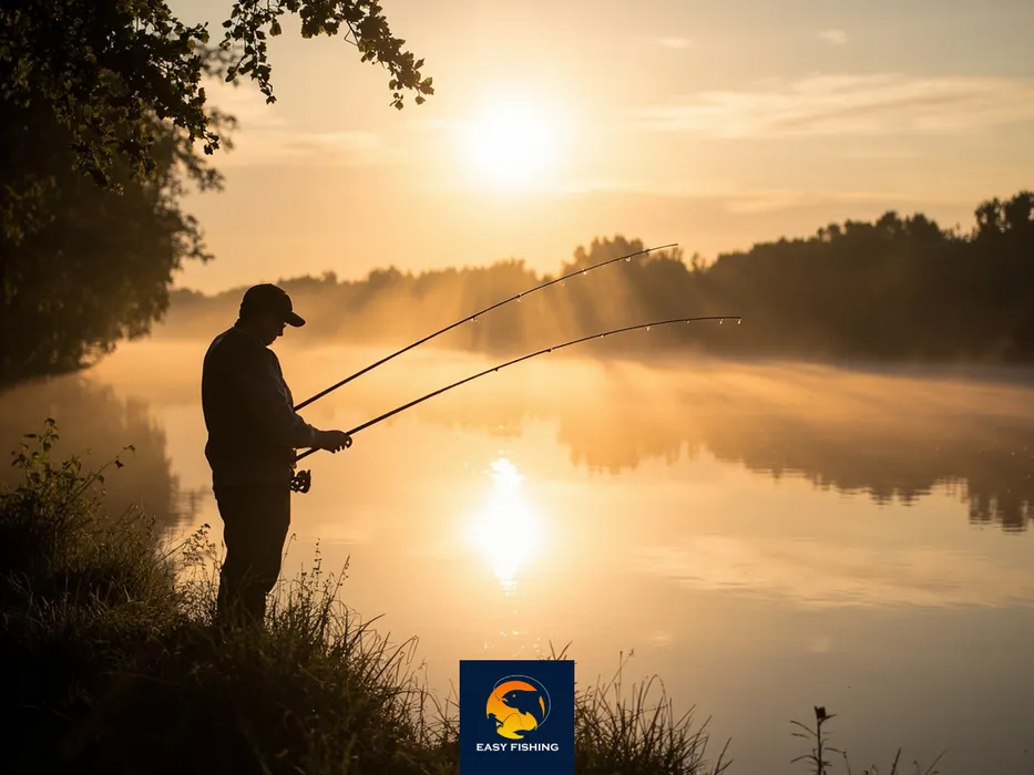 تصویر ماهیگیر در کنار رودخانه با چوب‌های ماهیگیری انتظاری در سپیده‌دم