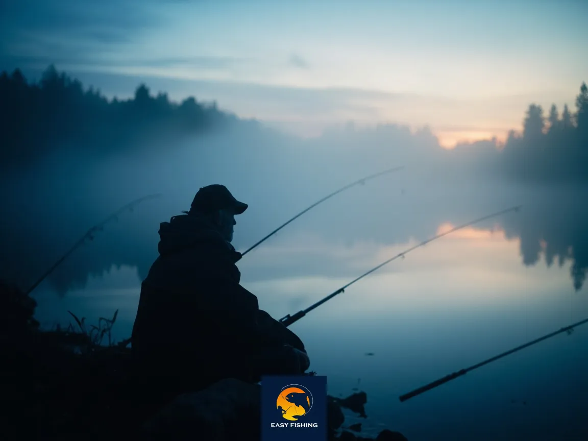 تصویر ماهیگیر در کنار رودخانه با چوبهای ماهیگیری انتظاری در سپیدهدم