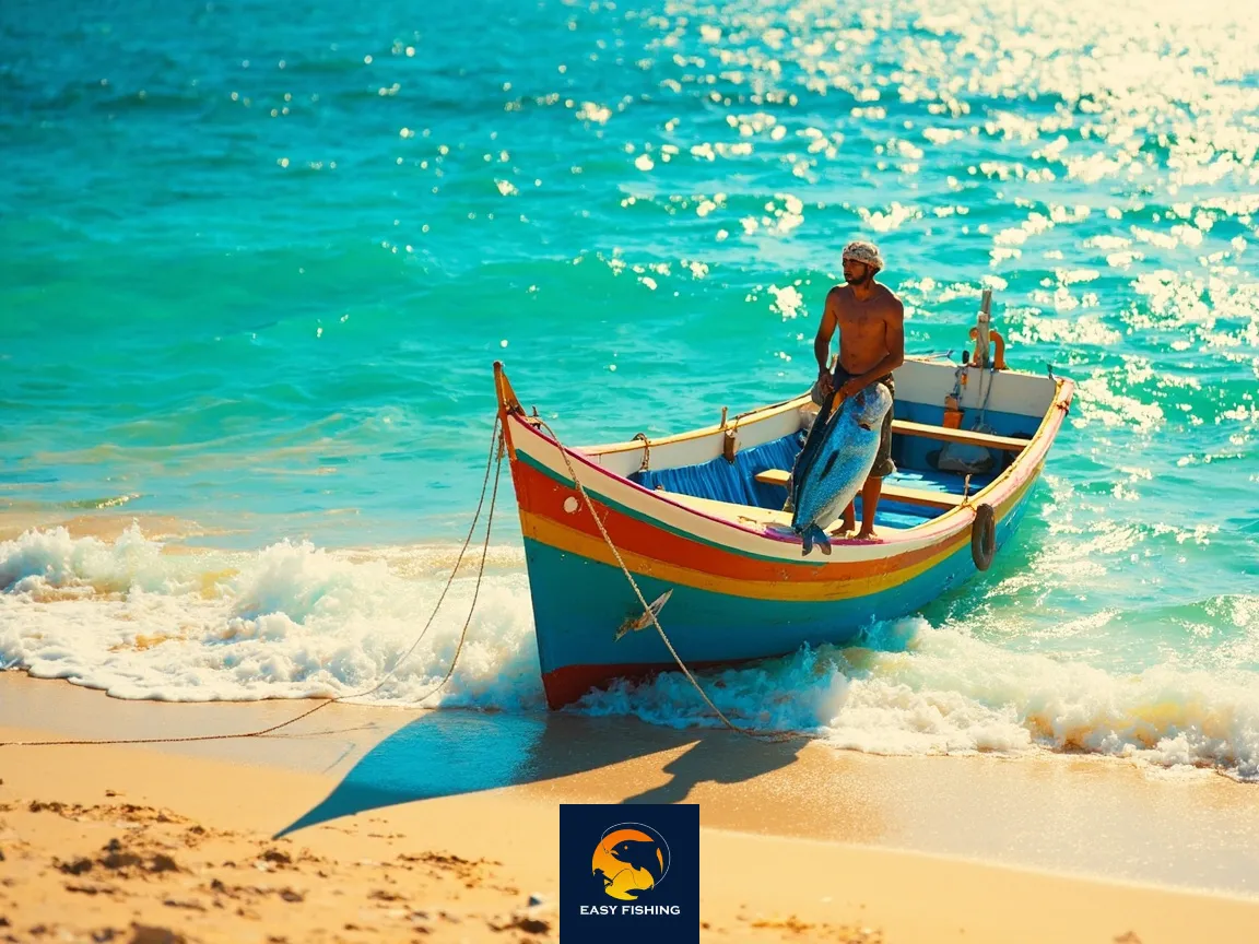 قایق ماهیگیری نزدیک ساحل جنوبی خلیج فارس با صیاد و آب زلال