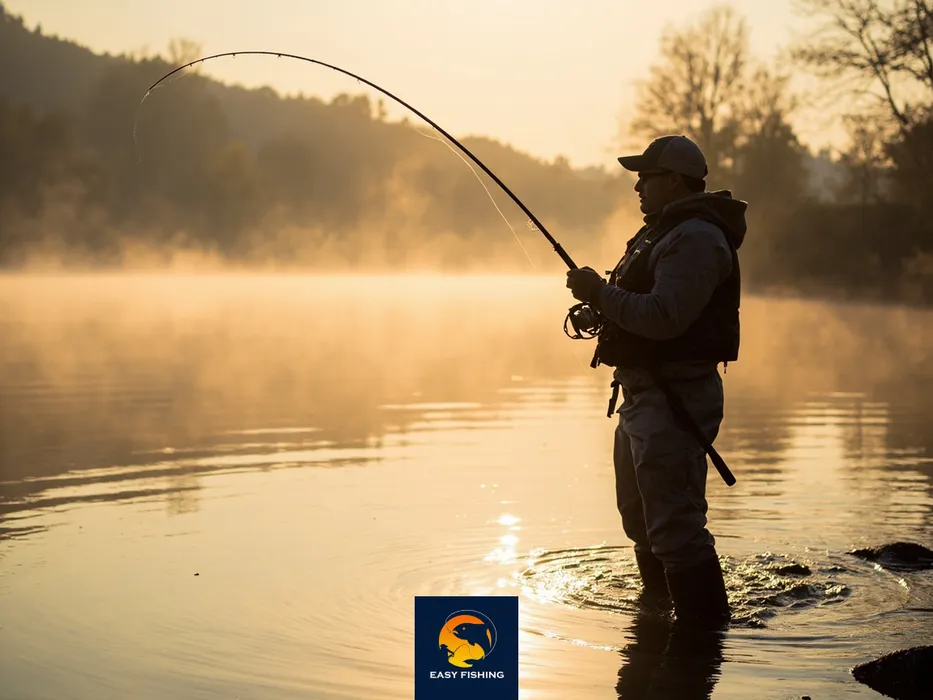 ماهیگیری اسپینینگ در رودخانه با چوب حرفه‌ای در سپیده‌دم