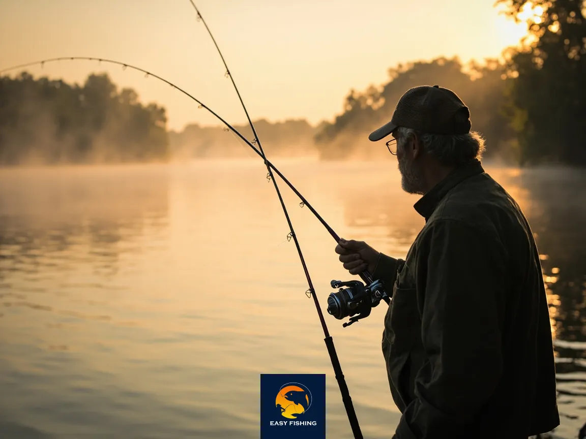 ماهیگیری اسپینینگ در رودخانه با چوب حرفهای در سپیدهدم