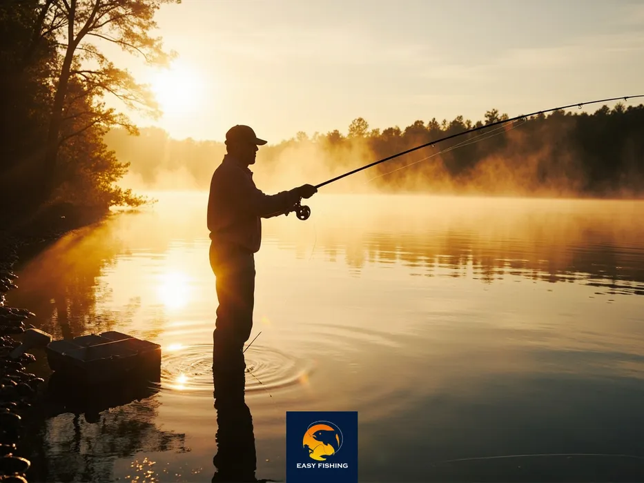 ماهیگیری آرام در دریاچه هنگام طلوع خورشید، پرتاب قلاب و انتظار برای صید با تجهیزات باکیفیت