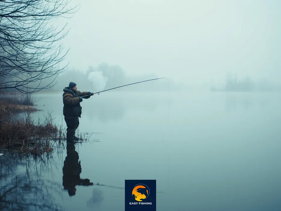 ماهیگیری کپور در زمستان؛ ماهیگیر در کنار آب در هوای سرد و مه آلود