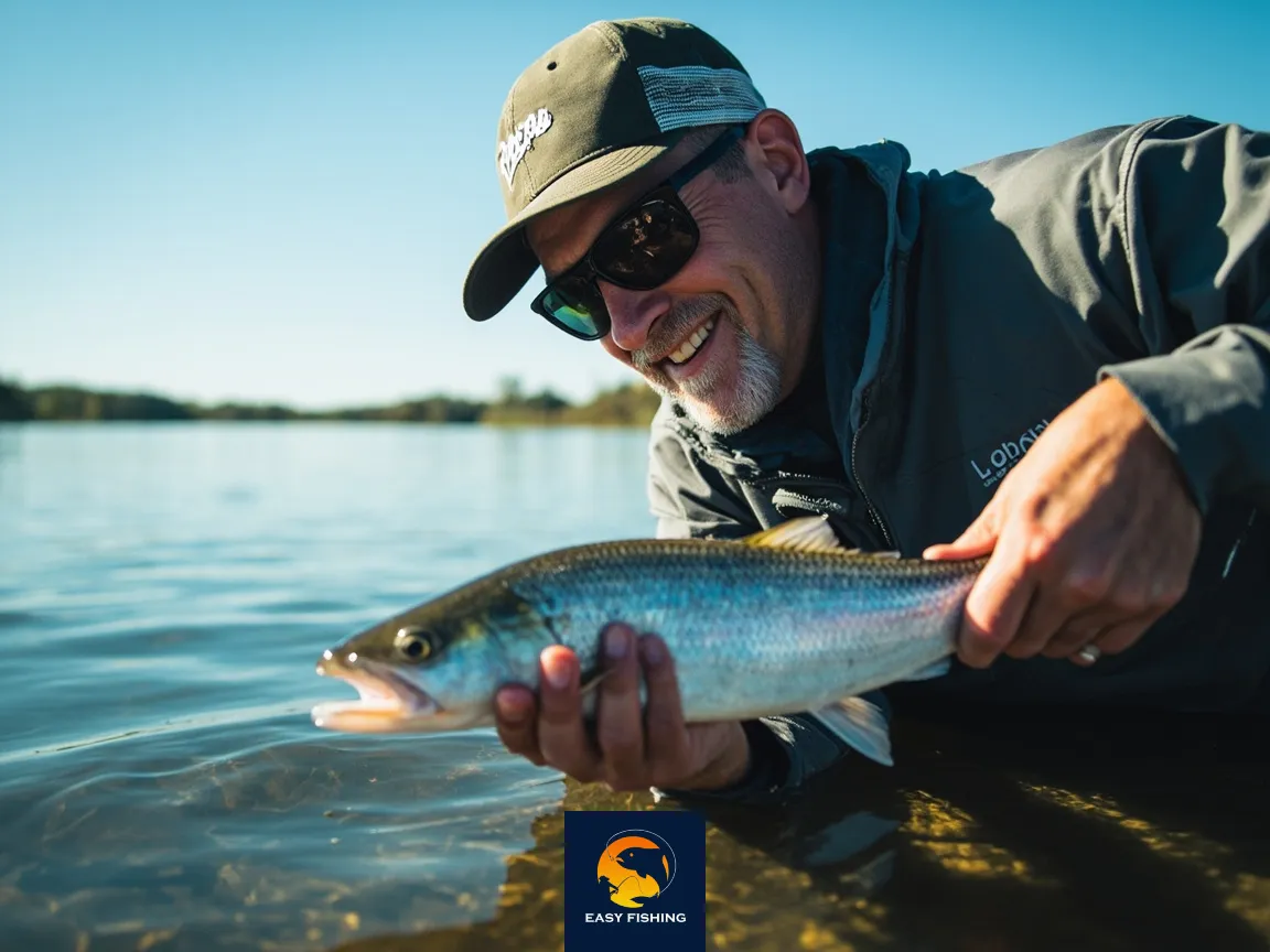 ماهیگیر مسئول که ماهی را به آرامی به آب بازمی‌گرداند